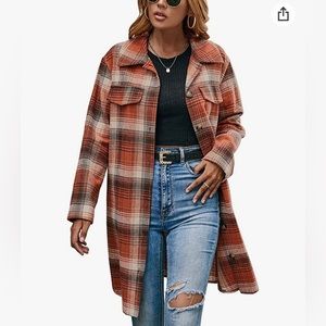 Womens Button Down Long Sleeve Long Plaid Flannel/Jacket/Cardigan size sm orange